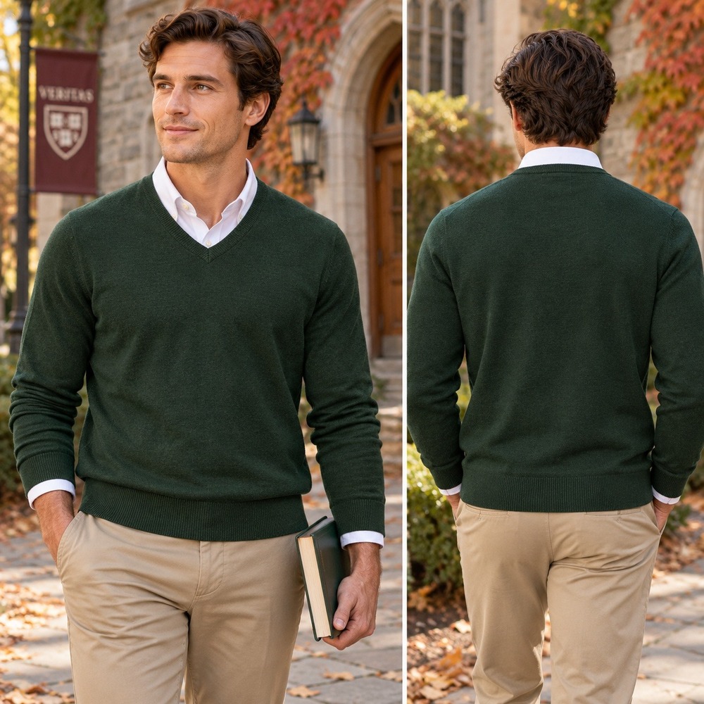 Club Room Mens Forest Green Merino Wool Blend V-Neck Sweater Large Cozy Preppy
